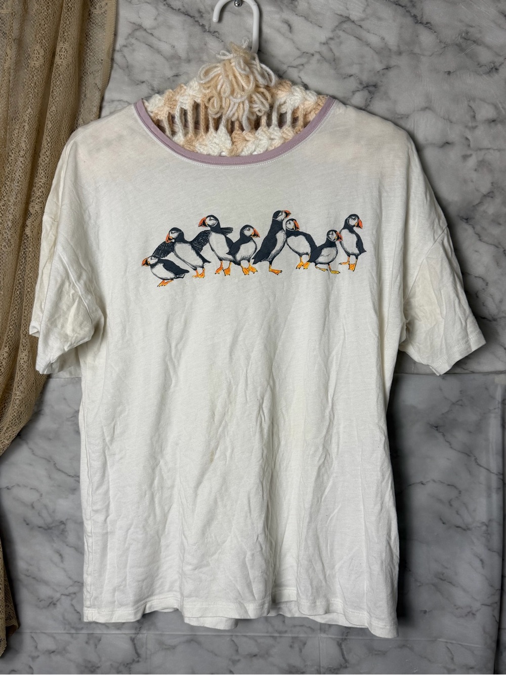 Puffins Graphic Lavendar Trim Off White Tee Bird Cotton Modal Whimsical Casual S